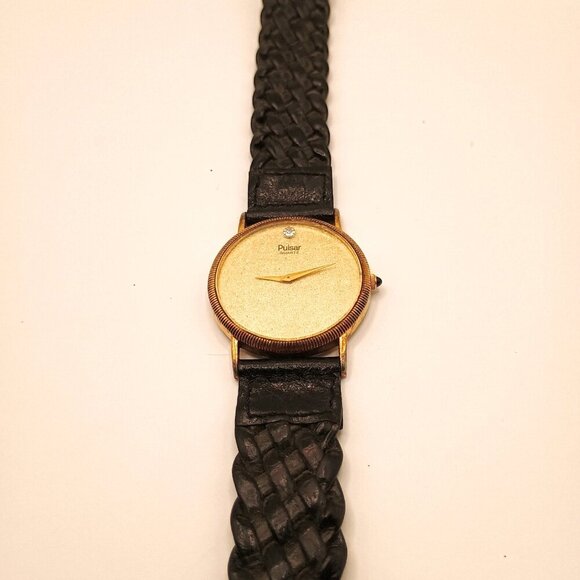 Pulsar Gold Toned Men's Wristwatch with Black Genuine Leather Strap - Picture 3 of 8